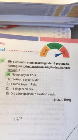 üm
vel
Kolay
10
Orta
7. Bir elementin atom çekirdeğinde 17 proton bu-
lunduğuna göre, aşağıdaki bilgilerden hangisi
yanlıştır?
A) Nötron sayısı 17 dir.
B) Elektron sayısı 17 dir.
C) Proton sayısı 17 dir.
D) -1 değerli olabilir.
E) Dış yörüngesinde 7 elektron vardır.
283
Zor
(1969 - ÜSS)