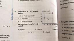 2+
2-
2+
C) I ve II
ümüz periyo-
şturmuştur?
Kolaydan > Zora
6.
E) Elektron alma yatkinlig
Grafikteki X, Y, Z ve T tanecik-
leriiçin,
I. X ile T nötr atomlardır.
II. Y anyondur.
III. Z nin yükü 1+ dır.
yargılarından hangileri doğ-
rudur?
A) Yalnız I
D) I ve II
A Proton sayısı
11
10
9
8
B) Yalnız II
X:
Y
8 9
Z T
10 11 Elektro
sayısı
E) I, II ve III
C) Yalnız
III. Erime
yargılarından han
A) Yalnız I
D)
10. Periyodik tabloc
1. Erime noktas
II. Ametalik öze
III. Elektron kop
yargılarından h
A) Yalnız II