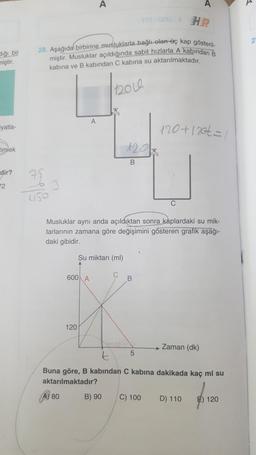 diği bir
miştir.
yatla-
5mlek
dir?
72
TYT - OZEL-5 HR
28. Aşağıda birbirine musluklarla bağlı olan üç kap gösteril-
miştir. Musluklar açıldığında sabit hızlarla A kabından B
kabina ve B kabından C kabina su aktarılmaktadır.
4150
A
A
600 A
120
12012
Su miktarı (ml)
Musluklar aynı anda açıldıktan sonra kaplardaki su mik-
tarlarının zamana göre değişimini gösteren grafik aşağı-
daki gibidir.
B) 90
1205
B
C
B
120+120t=1
5
C
C) 100
t
Buna göre, B kabından C kabina dakikada kaç ml su
aktarılmaktadır?
A) 80
Zaman (dk)
D) 110
E) 120
25