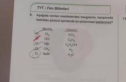 9.
TYT/ Fen Bilimleri
Aşağıda verilen maddelerden hangisinin, karşısında
belirtilen çözücü içerisinde iyi çözünmesi beklenmez?
Madde
Cl₂
HCI
LA)
_C) .HBr
D)
CH4
E)
NaBr
Çözücü
CC14
C6H6
C₂H5OH
H₂
H₂O
11