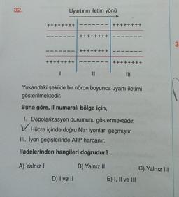 32.
Uyartının iletim yönü
+++++
1
++
+++
D) I ve II
+++
||
-++
+++++
T
++-
|||
Yukarıdaki şekilde bir nöron boyunca uyartı iletimi
gösterilmektedir.
Buna göre, Il numaralı bölge için,
1. Depolarizasyon durumunu göstermektedir.
W. Hücre içinde doğru Na+ iyonları geçmiştir.
III. İyon geçişlerinde ATP harcanır.
ifadelerinden hangileri doğrudur?
A) Yalnız I
B) Yalnız II
+
E) I, II ve III
C) Yalnız III
3