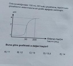 Oda sıcaklığındaki 100 mL HCI sulu çözeltisine, NaOH sulu
çözeltisinin eklenmesine ait grafik aşağıda verilmiştir.
a
7
1
A) 11
PH
50
B) 12
E
$
2
£
*
3
200
Buna göre grafikteki a değeri kaçtır?
Eklenen NaOH
hacmi (mL)
C) 13
D) 13,5
E) 14