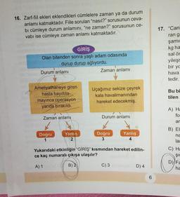 16. Zarf-fiil ekleri eklendikleri cümlelere zaman ya da durum
anlamı katmaktadır. Fiile sorulan "nasıl?" sorusunun ceva-
bi cümleye durum anlamını, "ne zaman?" sorusunun ce-
vabı ise cümleye zaman anlamı katmaktadır.
GİRİŞ
Olan bitenden sonra yaşlı adam odasında
durup durup ağlıyordu.
Durum anlamı
Ameliyathaneye giren
hasta bayıltıla-
mayınca operasyon
yarıda bırakıldı.
Zaman anlamı
Doğru
1
Yanlış
2
Zaman anlamı
Uçağımız sekize çeyrek
kala havalimanından
hareket edecekmiş.
Durum anlamı
Doğru
3
Yanlış
4
Yukarıdaki etkinliğin "GİRİŞ" kısmından hareket edilin-
ce kaç numaralı çıkışa ulaşılır?
A) 1
B) 2
C) 3
D) 4
CO
6
17. "Canl
ran g
şamın
kg ha
sal ör
yileşr
bir yo
hava
tedir.
Bu bi
tilen
A) Ha
fo
ar
B) EI
na
la
C) Ha
ŞI
D) Fa
ha