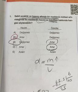 1.
Sabit sıcaklık ve basınç altında bir maddenin kütlesi artı-
rıldığında bu maddenin hacmi ve özkütlesi hakkında han-
gisi söylenebilir?
A)
B)
8)
D)
E)
Hacim
Değişmez
Artar
Değişmez
Artar
Azalır
Özkütle
Değişmez
Değişmez
Artar
Artar
Azalır
d=m^
v
6.92
62,51