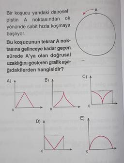 Bir koşucu yandaki dairesel
pistin A noktasından ok
yönünde sabit hızla koşmaya
başlıyor.
Bu koşucunun tekrar A nok-
tasına gelinceye kadar geçen
sürede A'ya olan doğrusal
uzaklığını gösteren grafik aşa-
ğıdakilerden hangisidir?
B) A
A) A
0
D) A
0
0
A
teimsboldeh
E)
kb
0
C)
b
0