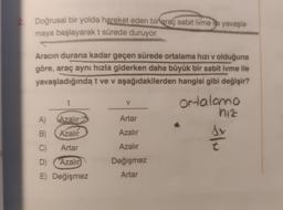 2. Doğrusal bir yolda hareket eden bir araç sabit ivme ne yavaşla-
maya başlayarak t sürede duruyor.
Aracın durana kadar geçen sürede ortalama hızı v olduğuna
göre, araç aynı hızla giderken daha büyük bir sabit ivme ile
yavaşladığında t ve v aşağıdakilerden hangisi gibi değişir?
Ortalomo
sx
Azalır
B)
Azalır
C)
Artar
D)
Azalır
E) Değişmez
A)
V
Artar
Azalır
Azalır
Değişmez
Artar