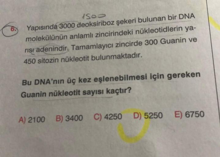 1500
Yapısında 3000 deoksiriboz şekeri bulunan bir DNA
molekülünün anlamlı zincirindeki nükleotidlerin ya-
risi adenindir. Tamamlayıcı zincirde 300 Guanin ve
450 sitozin nükleotit bulunmaktadır.
Bu DNA'nın üç kez eşlenebilmesi için gereken
Guanin nükleotit