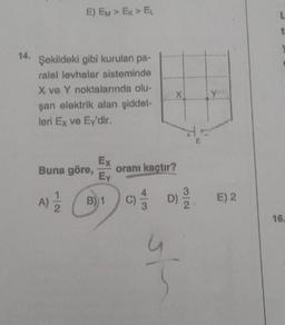 E) EM > EK > EL
14. Şekildeki gibi kurulan pa-
ralel levhalar sisteminde
X ve Y noktalarında olu-
şan elektrik alan şiddet-
leri Ex ve Ey'dir.
Buna göre,
Ex
Ey
A) 2/1/20 B) 1
X
oranı kaçtır?
C) 1/1
32
8
D) 9/20
E) 2
L
16.