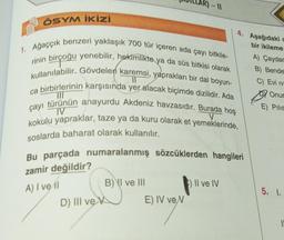 ÖSYM İKİzi
11
1. Ağaççık benzeri yaklaşık 700 tür içeren ada çayı bitkile-
rinin birçoğu yenebilir, hekimlikte ya da süs bitkisi olarak
kullanılabilir. Gövdeleri karemsi, yaprakları bir dal boyun-
ca birbirlerinin karşısında yer alacak biçimde dizilidir. Ada
çayı türünün anayurdu Akdeniz havzasıdır. Burada hoş
kokulu yapraklar, taze ya da kuru olarak et yemeklerinde,
soslarda baharat olarak kullanılır.
III
TV
V
Bu parçada numaralanmış sözcüklerden hangileri
zamir değildir?
A) I ve il
B) I ve III
D) III ve V
4. Aşağıdaki c
bir ikileme
A) Çaydar
B) Bende
C) Evi iv
Onur
E) Pilis
E) IV ve N
Il ve IV
5. 1.