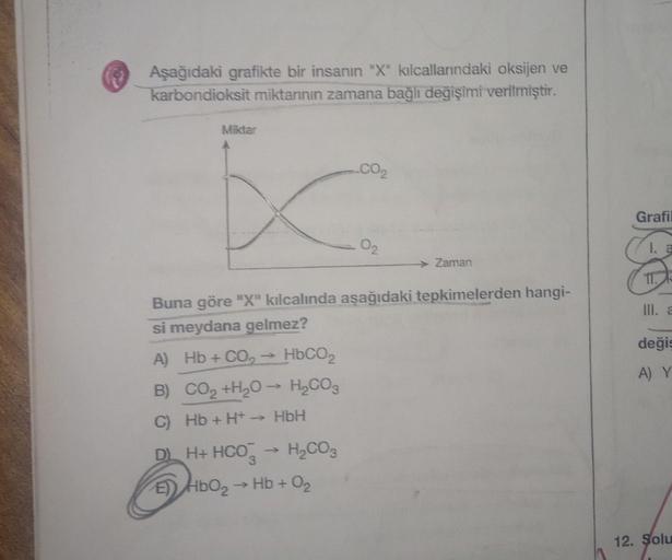 Aşağıdaki grafikte bir insanın "X" kılcallarındaki oksijen ve
karbondioksit miktarının zamana bağlı değişimi verilmiştir.
Miktar
x
CO₂
H₂CO3
0₂
Zaman
Buna göre "X" kılcalında aşağıdaki tepkimelerden hangi-
si meydana gelmez?
A) Hb + CO, → HbCO,
B) CO₂ +H₂O