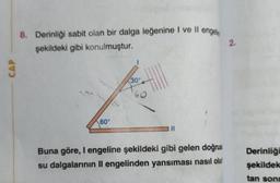 CAP
8. Derinliği sabit olan bir dalga leğenine I ve II engelle
şekildeki gibi konulmuştur.
60°
30°
||
Buna göre, I engeline şekildeki gibi gelen doğrus
su dalgalarının II engelinden yansıması nasıl olur
2.
Derinliği
şekildek
tan sonr