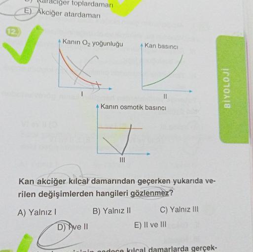 12
Karaciğer toplardamarı
E) Akciğer atardamarı
Kanın O₂ yoğunluğu
A) Yalnız I
1
D) ve II
Kan basıncı
||
Kanın osmotik basıncı
|||
Kan akciğer kılcal damarından geçerken yukarıda ve-
rilen değişimlerden hangileri gözlenmez?
B) Yalnız II
C) Yalnız III
E) II