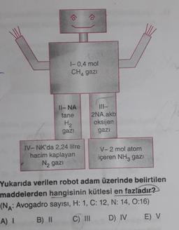 1-0,4 mol
CH₁ gazi
11- NA
tane
H₂
gazi
IV- NK'da 2,24 litre
hacim kaplayan
N₂ gazi
|||-
2NA.akb
oksijen
gazi
V-2 mol atom
içeren NH3 gazi
Yukarıda verilen robot adam üzerinde belirtilen
maddelerden hangisinin kütlesi en fazladır?
(NA: Avogadro sayısı, H: 1, C: 12, N: 14, 0:16)
E) V
A) I
B) II
C) III D) IV