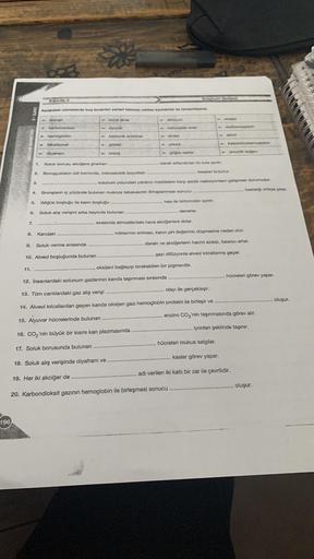 196
7.
UNITE-8
8.
11.
1.
3.
4.
Etkinlik 2
AAA
Aşağıdaki cümlelerde boş bırakılan yerleri tabloda verilen kavramlar ile tamamlayınız.
brongit
karbondioksit
hemoglobin
bikarbonat
diyafram
Soluk borusu akciğere girerken
2. Bronşçukların üst kısmında, mikrosko