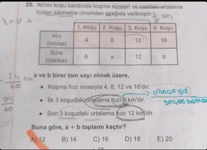 25. Ali'nin koşu bandında koşma süreleri ve saatteki ortalama
hızları kilometre cinsinden aşağıda verilmiştir.3 Sc
1. Koşu 2. Koşu 3. Koşu 4. Koşu
4
16
X=VE
24 km
60
84
60
Hız
(km/sa)
Süre
(dakika)
6
8
a
a ve b birer tam sayı olmak üzere,
12
12
• Koşma hız