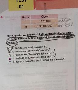 6.shed
01
Harita
||
Ölçek
1/200 000
1/10 000 000
ABSOL
Kas
Bir bölgenin, yukarıdaki tabloda verilen ölçeklerle çizilen
iki farklı haritası ile ilgili aşağıdakilerden hangisi soyle
nemez
A) II. haritada ayrıntı daha azdır. X
2
B) 1. haritanın ölçeği daha büyüktür.
C) I. haritada küçültme oranı daha azdır.
II. haritada bozulma oranı daha azdır.
E) II. haritada boylamlar arası mesafe daha kısadır.