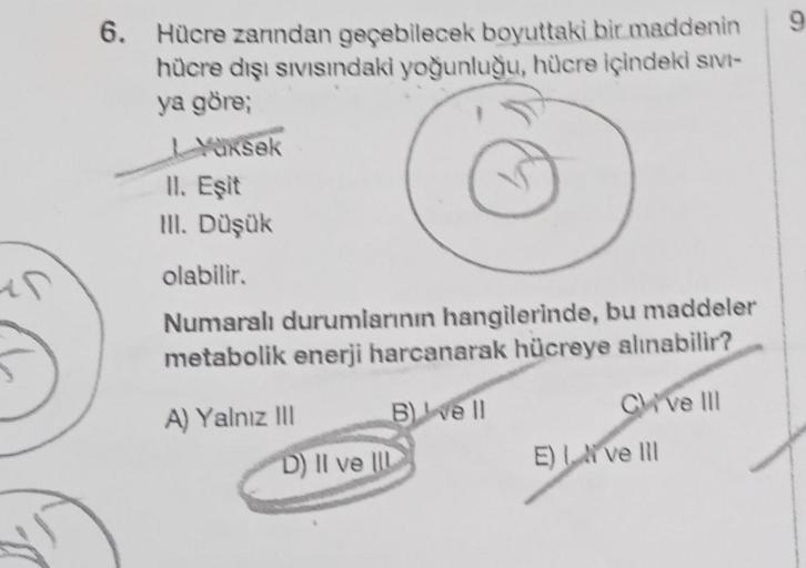 un
6. Hücre zarından geçebilecek boyuttaki bir maddenin
hücre dışı sıvısındaki yoğunluğu, hücre içindeki SIVI-
ya göre;
LYüksek
II. Eşit
III. Düşük
olabilir.
Numaralı durumlarının hangilerinde, bu maddeler
metabolik enerji harcanarak hücreye alınabilir?
A)