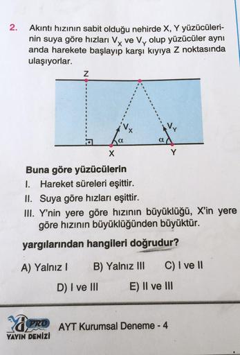 2.
Akıntı hızının sabit olduğu nehirde X, Y yüzücüleri-
nin suya göre hızları Vy ve Vy olup yüzücüler aynı
anda harekete başlayıp karşı kıyıya Z noktasında
ulaşıyorlar.
Z
1
La
X
Buna göre yüzücülerin
1. Hareket süreleri eşittir.
YAYIN DENİZİ
A) Yalnız I B)