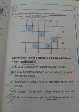 3
na
fta
ali
TYT
6. Aşağıdaki koordinat sistemi üzerinde beş bölgenin
konumları taranarak gösterilmiştir.
X
120° 140° 160° 180°
K
N
L
160° 140°
M
40°
20⁰
0°
20°
40°
Koordinatları verilen bölgeler ile ilgili aşağıdakilerden
hangisi söylenemez?
A) K, N ve O bölgelerinin izdüşüm alanları aynıdır.
B) ve M bölgelerinin tamamı güneş ışınları yıl içinde iki
defa dik açı ile alır.
C) Beş bölgenin doğusu ile batısı arasındaki zaman farkı
aynıdır.
D) M bölgesinin yerel saati K bölgesine göre daha ileridir.
E) 21 Haziranda en uzun gündüz K bölgesinde yaşanır.
8.