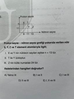 2.
Proton sayısı
n-X T
1
11
I
Y Z
1
I
1
1
9 11 13
Nötron sayısı
Proton sayısı - nötron sayısı grafiği yukarıda verilen nötr
X, Y, Z ve T element atomlarıyla ilgili;
D) II ve III
1. X ve Y nin nükleon sayıları eşitse n = 13 tür.
II. T ile Y izotoptur.
III. Z nin kütle numarası 24 tür.
ifadelerinden hangileri doğrudur?
A) Yalnız III
B) I ve II
E) I, II ve III
C) I ve III