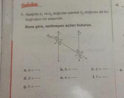 Botalum
1. Aşağıda d, ve d2 doğruları parelel da doğrusu da bu
doğruların bir kesenidir.
Buna göre, verilmeyen açıları bulunuz.
d₁
a. a = ----
d. d= ----
g. h = ----
de 70
e
b. b = ----
e. e = --
C. C = ----
f. f = ----
d.