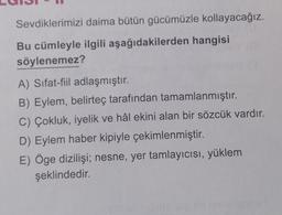 Sevdiklerimizi daima bütün gücümüzle kollayacağız.
Bu cümleyle ilgili aşağıdakilerden hangisi
söylenemez?
A) Sifat-fiil adlaşmıştır.
B) Eylem, belirteç tarafından tamamlanmıştır.
C) Çokluk, iyelik ve hâl ekini alan bir sözcük vardır.
D) Eylem haber kipiyle çekimlenmiştir.
E) Öge dizilişi; nesne, yer tamlayıcısı, yüklem
şeklindedir.