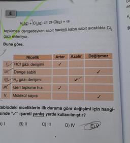 H₂(g) + Cl₂(g) = 2HCl(g) + ISI
tepkimesi dengedeyken sabit hacimli kaba sabit sıcaklıkta Cl₂
gazı ekleniyor.
Buna göre,
Nicelik
HCI gazı derişimi
H.
Denge sabiti
IH, gazı derişimi
W. Geri tepkime hızı
V. Molekül sayısı
Artar Azalır Değişmez
tablodaki niceliklerin ilk duruma göre değişimi için hangi-
sinde "/" işareti yanlış yerde kullanılmıştır?
A) I
B) II
C) III
D) IV
E) V
de
K
B