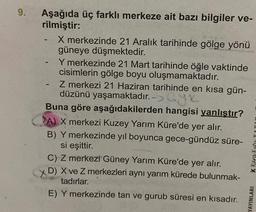 9.
Aşağıda üç farklı merkeze ait bazı bilgiler ve-
rilmiştir:
X merkezinde 21 Aralık tarihinde gölge yönü
güneye düşmektedir.
Y merkezinde 21 Mart tarihinde öğle vaktinde
cisimlerin gölge boyu oluşmamaktadır.
Z merkezi 21 Haziran tarihinde en kısa gün-
düzünü yaşamaktadır. ->
Buna göre aşağıdakilerden hangisi yanlıştır?
A) X merkezi Kuzey Yarım Küre'de yer alır.
B) Y merkezinde yıl boyunca gece-gündüz süre-
si eşittir.
C) Z merkezi Güney Yarım Küre'de yer alır.
D) X ve Z merkezleri aynı yarım kürede bulunmak-
tadırlar.
E) Y merkezinde tan ve gurub süresi en kısadır.
K Kara Kut
YAYINLARI