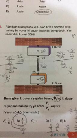 5.
C)
D)
E)
Artar
Azalır
Azalır
Ağırlıkları sırasıyla 2G ve G olan X veY cisimleri sıkış-
tırılmış bir yayla iki duvar arasında dengededir. Yay
üzerindeki kuvvet 3G'dir.
365 25
38
36
28
=S
365
A) 1/1/0 B)
6
Artar
Azalır
Değişmez
2S
1
3
Ska
ra yapılan basınç Pil ye oranı
(Yayın ağırlığı önemsizdir.)
x 26
3S
C) 1
I. Duvar
Buna göre, I. duvara yapılan basınç P, in, II. duva-
P₁
kaçtır?
P₁₁
D) 3
38
olym
II. Duvar
E) 6
aldı
TYT - Fizik
JIM
32
2
9