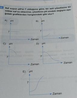 10. Saf suyun pH'si 7 olduğuna göre, bir asit çözeltisine bir
miktar saf su eklenirse, çözeltinin pH sindeki değişim aşa-
ğıdaki grafiklerden hangisindeki gibi olur?
A)
7
pH
C) pH
7
7
B)
Zaman
E) pH
Zaman
pH
7
D) pH
7
Zaman
gelteneyimi
Zaman
Zaman