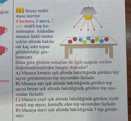 3
ağıda
runcu
12-) Beyaz renkli
masa üzerine
4 kırmızı, 3 mavi, 2
sarı renkli top ko-
nulmuştur. Ardından
masaya farklı renkte
ışıklar altında bakıla-
rak kaç adet topun
görülebildiği göz-
lenmiştir.
Buna göre gözlem sonuçlan ile ilgili aşağıda verilen
değ