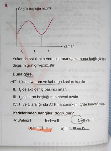 9.
Göğüs boşluğu hacmi
abmünuloe eib mar
bhrt usbelop numunuloe lesenoud
op syemps lhey
you isignad
ninoshita
nue II.
ulud ninholenpürl
t₁
1₂
t3
Yukarıda soluk alıp-verme sırasında zamana bağlı çizilen
değişim grafiği verilmiştir.
bish Dubi
Buna göre,
munu