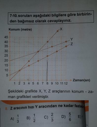 45
40
35
30
25
20
15
10
5
7-10. soruları aşağıdaki bilgilere göre birbirin-
den bağımsız olarak cevaplayınız.
Konum (metre)
X
777777
1 2 3 4 5 6 7 8 9 10 11 12
Şekildeki grafikte X, Y, Z araçlarının konum - za-
man grafikleri verilmiştir.
A)
8. Z aracının