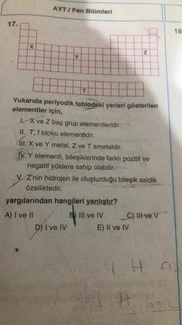 17.
x
AYT/Fen Bilimleri
T
Yukarıda periyodik tablodaki yerleri gösterilen
elementler için,
I. X ve Z baş grup elementleridir.
II. T, f bloku elementidir.
III. X ve Y metal, Z ve T ametaldir.
IV. Y elementi, bileşiklerinde farklı pozitif ve
negatif yüklere sahip olabilir.
V. Z'nin hidrojen ile oluşturduğu bileşik asidik
özelliktedir.
yargılarından hangileri yanlıştır?
A) I ve II
B) IIl ve IV
D) I ve IV
N
C) III ve V
E) Il ve IV
4 HO
41
18