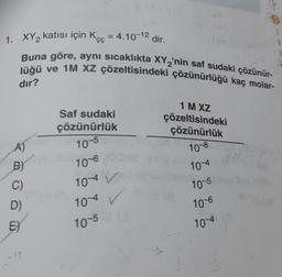 1. XY₂ katısı için Kcc=4.10-12 dir.
Buna göre, aynı sıcaklıkta XY₂'nin saf sudaki çözünür-
lüğü ve 1M XZ çözeltisindeki çözünürlüğü kaç molar-
dır?
A)
B)
C)
D)
E
12
Saf sudaki
çözünürlük
10-5
10-6
104 V
104
10-5
1MXZ
çözeltisindeki
çözünürlük
10-8
10-4
10-5
10-6
10-4