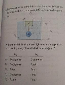 10. İçlerinde d ve 2d özkütleli sıvılar bulunan iki kap ve
4d özkütleli bir K cismi şekildeki konumda dengede-
dir.
2d
d
h₁
A)
Değişmez
B) Değişmez
C) Artar
D) Değişmez
E) Azalır
K
h₂
K cismi d özkütleli sıvının içine atılırsa kaplarda-
ki h, ve h₂ sıvı yükseklikleri nasıl değişir?
h₂
Değişmez
Azalır
Artar
Artar
Artar
h₁