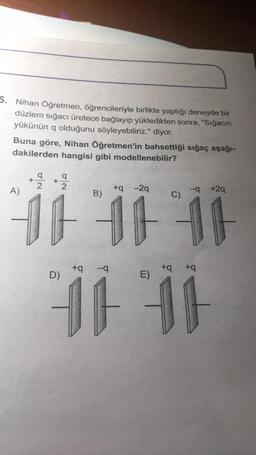 5. Nihan Öğretmen, öğrencileriyle birlikte yaptığı deneyde bir
düzlem sığacı üretece bağlayıp yükledikten sonra, "Sığacın
yükünün q olduğunu söyleyebiliriz." diyor.
Buna göre, Nihan Öğretmen'in bahsettiği sığaç aşağı-
dakilerden hangisi gibi modellenebilir?
q
+
+
2 2
B)
-9 +2q
C)
JO D
A)
+q -2q
+q
-q
+q +q
D)
E)
j1 j1