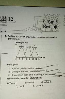 NIM
AMA 12
zim-2
4. Grafikte K, L ve M enzimlerinin çalıştıkları pH aralıkları
gösterilmiştir.
Reaksiyon Hızı
K
Ď
0 2 4
L M
enzimi enzimi enzimi
A) Yalnız I
X
6 8 10 12 14
D) I ve III
9. Sınıf
Biyoloji
Buna göre,
1. K, M'nin çalıştığı aralıkta çalışamaz.
II. M'nin pH toleransi, K'den fazladır.
III. K, enziminin bazik pH'a duyarlılığı, L'den fazladır.
ifadelerinden hangileri söylenebilir?
B) Yalnız II
pH
C) Yalnız III
E) I, II ve III