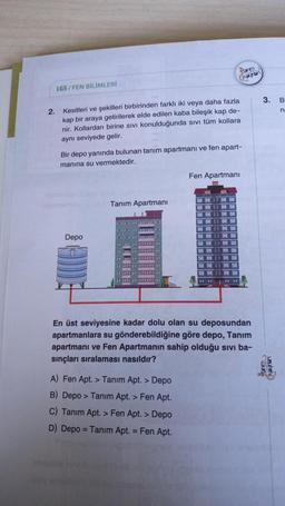 2.
LGS/FEN BİLİMLERİ
Kesitleri ve şekilleri birbirinden farklı iki veya daha fazla
kap bir araya getirilerek elde edilen kaba bileşik kap de-
nir. Kollardan birine sıvı konulduğunda sıvı tüm kollara
aynı seviyede gelir.
Bir depo yanında bulunan tanım apartmanı ve fen apart-
manına su vermektedir.
Depo
11
Tanım Apartmanı
A) Fen Apt. > Tanım Apt. > Depo
B) Depo > Tanım Apt. > Fen Apt.
C) Tanım Apt. > Fen Apt. > Depo
D) Depo = Tanım Apt. = Fen Apt.
Fen Apartmanı
MM
20
S
GEDULL SA
P
Gyaynian
MA
MA
TAR
A
En üst seviyesine kadar dolu olan su deposundan
apartmanlara su gönderebildiğine göre depo, Tanım
apartmanı ve Fen Apartmanın sahip olduğu sivi ba-
sınçları sıralaması nasıldır?
3. B
n
TER