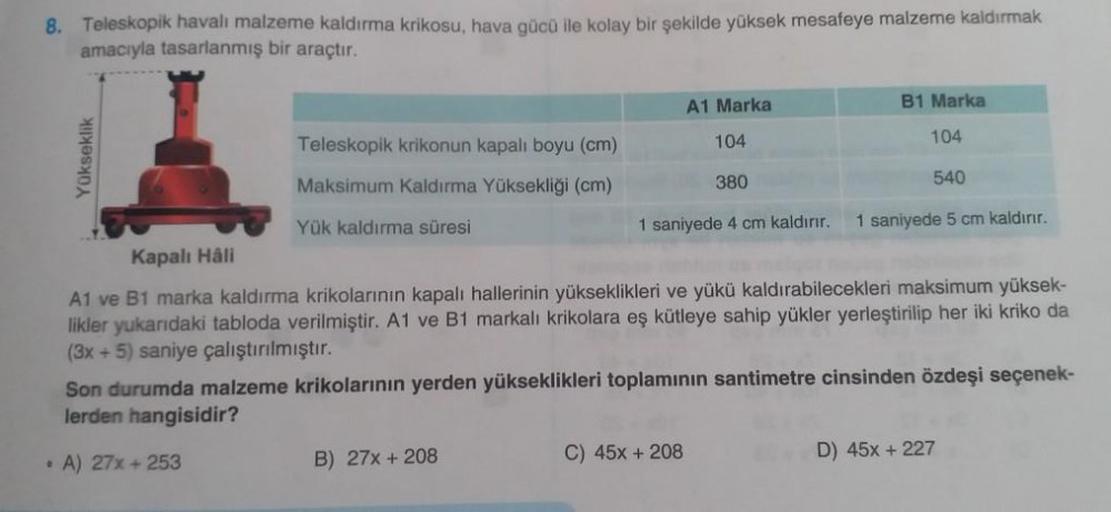 8. Teleskopik havalı malzeme kaldırma krikosu, hava gücü ile kolay bir şekilde yüksek mesafeye malzeme kaldırmak
amacıyla tasarlanmış bir araçtır.
Yükseklik
Teleskopik krikonun kapalı boyu (cm)
Maksimum Kaldırma Yüksekliği (cm)
Yük kaldırma süresi
B1 Marka