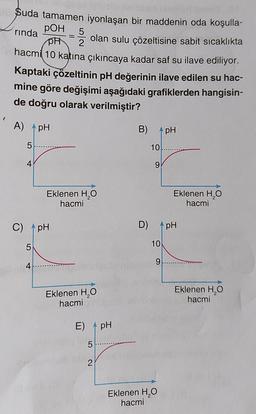 Suda tamamen iyonlaşan bir maddenin oda koşulla-
pOH 5
=
rinda
PH 2 olan sulu çözeltisine sabit sıcaklıkta
hacmi 10 katına çıkıncaya kadar saf su ilave ediliyor.
Kaptaki çözeltinin pH değerinin ilave edilen su hac-
mine göre değişimi aşağıdaki grafiklerden hangisin-
de doğru olarak verilmiştir?
A) pH
C)
5
4
5
4
Eklenen H₂O
hacmi
pH
Eklenen H₂O
hacmi
E) ^ pH
5
B) pH
10
9
D) pH
10
9
Eklenen H₂O
hacmi
Eklenen H₂O
hacmi
Eklenen H₂O
hacmi