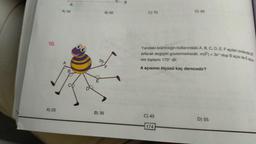 10.
A) 25
A) 50
B
E
B) 35
B) 60
C) 70
Yandaki örümceğin kollarındaki A, B, C, D, E, F açıları sırasıyla 20
artarak değişim göstermektedir. m(F) = 3x olup B açısı ile E açısı-
nın toplamı 170° dir.
A açısının ölçüsü kaç derecedir?
C) 45
D) 80
174
D) 55