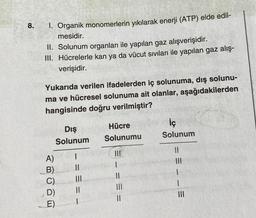 8.
1. Organik monomerlerin yıkılarak enerji (ATP) elde edil-
mesidir.
II. Solunum organları ile yapılan gaz alışverişidir.
III. Hücrelerle kan ya da vücut sıvıları ile yapılan gaz alış-
verişidir.
Yukarıda verilen ifadelerden iç solunuma, dış solunu-
ma ve hücresel solunuma ait olanlar, aşağıdakilerden
hangisinde doğru verilmiştir?
A)
B)
Dış
Solunum
D)
E)
1
11
|||
||
Hücre
Solunumu
1
===
İç
Solunum
11
|||