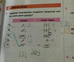 ayrılır.
2. Aşağıdaki taneciklerden hangisinin karşısında veri-
len Lewis yapısı yanlıştır?
A
B)
ÖSYM İKİZİ
E)
Tanecik
9Fr
))
10 28
168²-
18
+
Na 2?
10
15 280
20 Ca²+
222
r
Lewis Yapısı
BET V
[:$ : 1 ✓
Na
6
P. V
Ca²+
5.
P
Lev
ya
A)
6. K