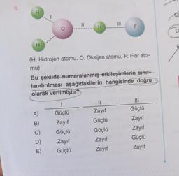 9.
H
H
1
A)
B)
C)
D)
E)
11
|
Güçlü
Zayıf
Güçlü
H
(H: Hidrojen atomu, O: Oksijen atomu, F: Flor ato-
mu)
Zayıf
Güçlü
Bu şekilde numaralanmış etkileşimlerin sınıf-
landırılması aşağıdakilerin hangisinde doğru
olarak verilmiştir?
F
LL
11
Zayıf
Güçlü
Güçlü
Zayıf
Zayıf
|||
Güçlü
Zayıf
Zayıf
Güçlü
Zayıf
C)
D
E