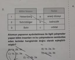 2.
1
2
3
Bilim İnsanı
Heisenberg
Schrödinger
Bohr
A1a, 2b, 3s
C) 1b, 2c, 3a
a
E) 1c, 2b, 3a
b
C
Terim
enerji düzeyi
belirsizlik
Atomun yapısının aydınlatılması ile ilgili çalışmalar
yapan bilim insanları ve bu çalışmalarını sembolize
eden terimler hangisinde doğru olarak eşleştiril-
miştir?
orbital
B) 1b, 2a, 3c
DA1c, 2a, 3b
4.