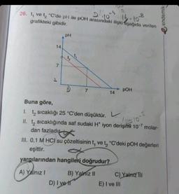 21/10 5 16. 10°
.8
26. t, ve t₂ °C'de pH ile pOH arasındaki ilişki aşağıda verilen
grafikteki gibidir.
14
PH
7
D) I ve
14
Buna göre,
1. t₂ sıcaklığı 25 °C'den düşüktür.
100 10
II. t₂ sıcaklığında saf sudaki H* iyon derişimi 10-7 molar-
dan fazladır
III. 0,1 M HCI su çözeltisinin t, ve t₂ °C'deki pOH değerleri
eşittir.
yargılarından hangileri doğrudur?
A) Yalnız I
B) Yalnız II
POH
C) Yalmız Til
E) I ve III
endemik