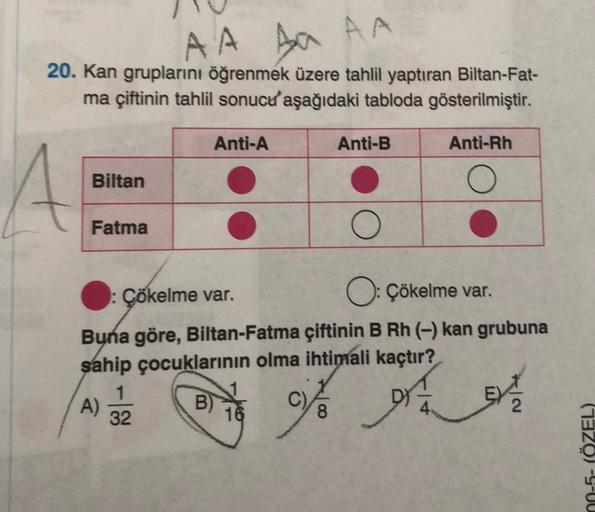 A A Aa AA
20. Kan gruplarını öğrenmek üzere tahlil yaptıran Biltan-Fat-
ma çiftinin tahlil sonucu aşağıdaki tabloda gösterilmiştir.
Anti-Rh
A
Biltan
Fatma
A)
Anti-A
: Çökelme var.
O: Çökelme var.
Buna göre, Biltan-Fatma çiftinin B Rh (-) kan grubuna
sahip 