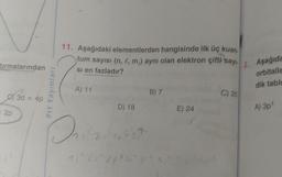 tırmalarından
2) 3d - 4p
2p
Prf Yayınları
11. Aşağıdaki elementlerden hangisinde ilk üç kuan.
tum sayısı (n, l, m,) aynı olan elektron çifti sayı 2. Aşağıda
si en fazladır?
orbitalle
dik table
A) 11
2
D) 18
1:2
B) 7
²^2+² 466 37
^2s 2p ²36 ²
E) 24
C) 20
A) 3p¹