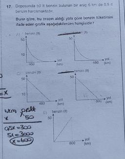 17. Deposunda 50 It benzin bulunan bir araç 6 km de 0,5 it
benzin harcamaktadır.
X
Buna göre, bu aracın aldığ: yola göre benzin tüketimini
ifade eden grafik aşağıdakilerden hangisidir?
50
10
benzin (II)
50
450
benzin (lt)
(gestin
bkm pisht
X
50
aS1=200
Sh3000
Xetx
Hertigt sny
480
50
yol
(km)
yol
(km)
benzin (lt)
Boszic (it)
50
50
benzin (lt)
1/16
yol
600 (km)
480
Finge
yol
(km)
→ you
800 (km)